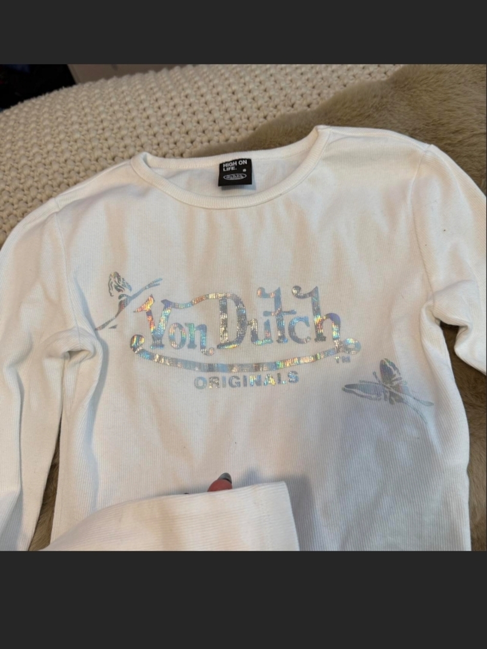 Von Dutch White Crop Long-Sleeve Top with Holographic Logo